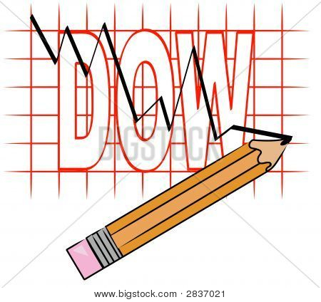Matita con grafico a linee e griglia Dow andando giù