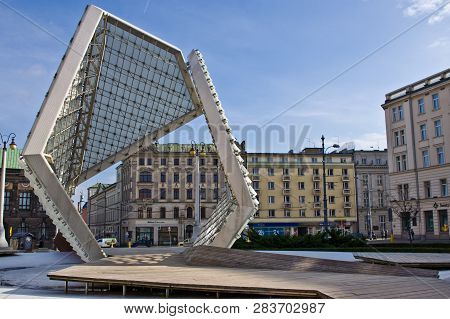 Poznan/poland - February 6th 2019: The Modern Fountain Building In The City Square. Freedom Square (