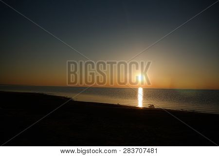 Sunrise Panorama View To Aral Sea From The Rim Of Plateau Ustyurt Near Aktumsuk Cape , Karakalpaksta