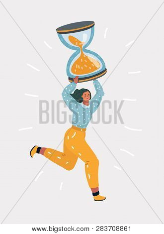 Vector Cartoon Illustration Of Young Tiny Woman Run With Big Giant Hourglass - Time Concept. Human F