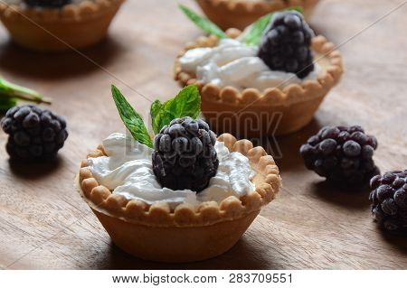 Delicious Tartlets On A Wooden Background. Blackberry With Cream - Dessert.healthy Homemade Berry De