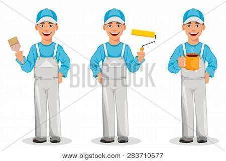 Painter Man, Set Of Three Poses. Decorator Cartoon Character Holding Paint Brush, Holding Paint Roll
