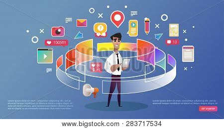 Content Marketing , Business Template Landing Page. Virtual Reality Computer Gamer Person. Web Banne
