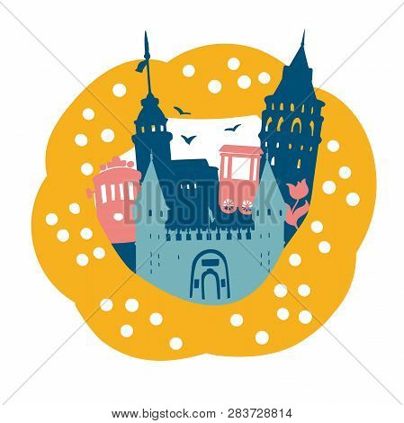 Beautiful Vector Illustration Istanbul. Turkish Symbol Landmarks In A Frame Of A Sesame Bagel Simit.