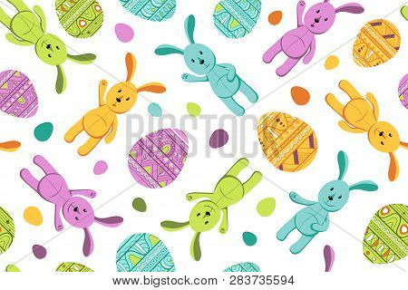 Seamless Pattern With Eggs And Bunny. Vector Background For Fabric, Textile, Posters, Gift Wrapping 