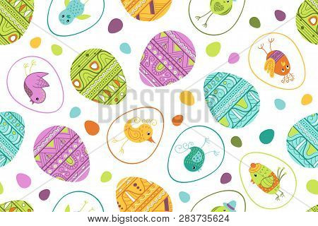 Seamless Pattern With Easter Eggs And Funny Birds. Vector Background For Fabric, Textile, Posters, G