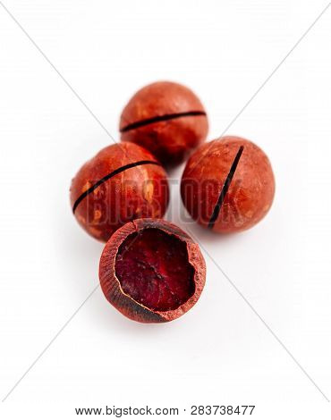Macadamia Nut With A Cut On A Shell, Isolated On White Background.