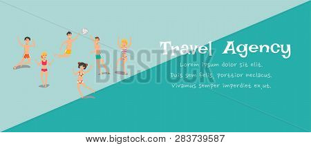 Travel Agency Banner Cartoon Template. Sea Resort. Holidaymakers, Tourists Play, Have Fun Flat Chara