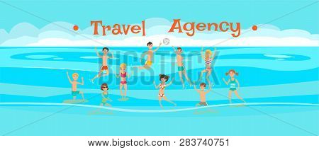 Travel Agency Banner Flat Vector Template. Sea Resort. Water Volleyball, Polo Game. Holidaymakers, T