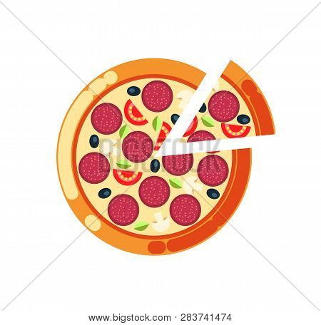 Pizza Slice Vector, Pizzeria Italian Food Cuisine Isolated Icon. Rounded Meal With Salami, Mushrooms