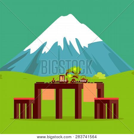 Japanese Restaurant Table With Mountain On Horizon Vector. Sushi And Rolls, Tea And Sake, Tablecloth