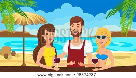 Sea Resort Flat Vector Illustration. Two Girls Meeting With Young Man. Friends Talk At Beach Bar. Ba