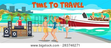 Beach Luxury Party Banner Flat Vector Template. Vip Sea Resort. Young People Dancing, Have Fun On Oc
