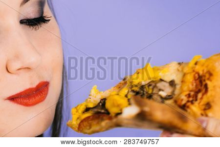 Young Woman Eating Hot Fresh Pizza Slice, On Blue. Delicious Fast Food Meal. People, Italian Cuisine
