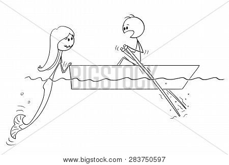 Cartoon Stick Figure Drawing Of Man Paddling In Small Boat With Paddles On Water Or Sea And Meet A B