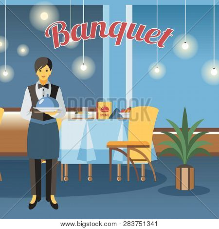 Banquet Hall, Room Flat Vector Illustration. Restaurant Interior Design With Calligraphy Lettering. 