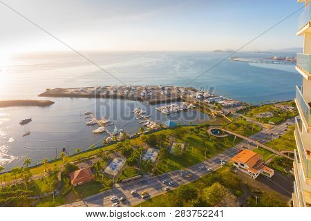 Panama City Panama January 2019  Aerial View Nautical Club Fish And Yacht Panama City At Sunset. Pla