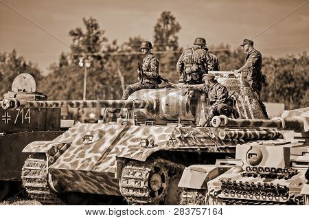 Moscow Region, Russia-june 16, 2018:  Military-historical Reconstruction. German Troops On The Terri