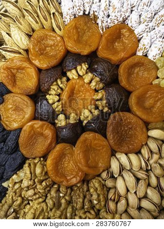 Food For Brain And Heart Dried Apricots And Nuts Concept Of Healthy Food.