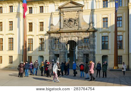Prague, Czech Republic - January 21, 2019: Group Of Unknown Tourists Is Located At Matias Gate In Fi