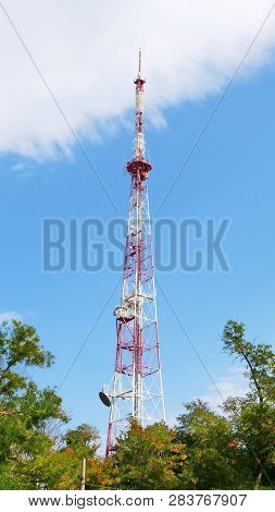 Tv Tower. Television Tower Against The Blue Sky.