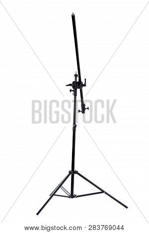 Lighting Strobe Stand On White Background. Tripod Light Stand For Studio Strobe And Lighting Fixture