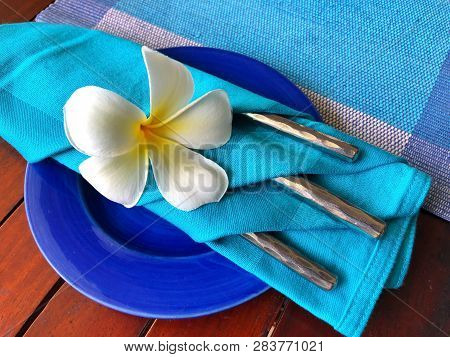 Food Decoration With White Plumeria Rubra Flower,  Sri Lanka. Blue Food Decoration.