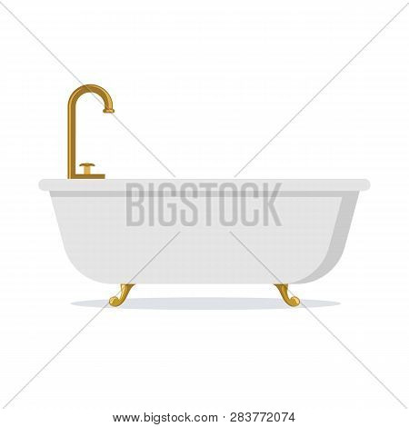 White Bathtub With Banded Golden Legs And Shiny Faucet. Bathtub Isolated On White Background. Vector