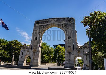 Bridge Of Remembrance In The Cloudy Day. Andmark Located In Christchurch, New Zealand