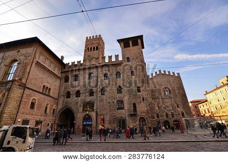 Bologna, Emilia Romagna, Italy. December 2018. Piazza Maggiore From The Side Of Palazzo Re Enzo