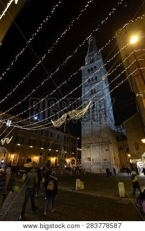 Modena, Emilia Romagna, Italy. December 2018. Ghirlandina Is The Bell Tower Of The City