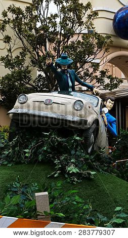 Osaka, Japan - Feb 11 2019 : Lupin The 3rd Car Chase Xr Ride At The Entrance Of Lupin And  Jigen Fig