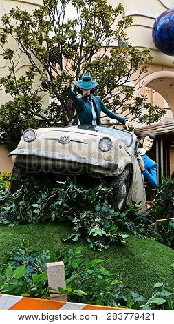 Osaka, Japan - Feb 11 2019 : Lupin The 3rd Car Chase Xr Ride At The Entrance Of Lupin And  Jigen Fig