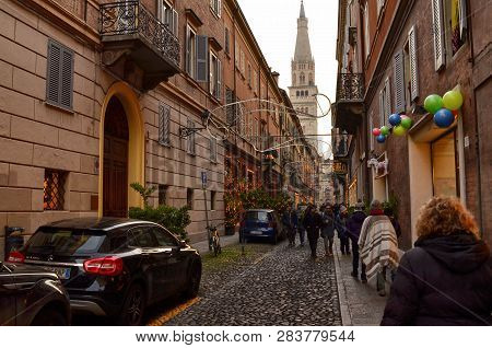 Modena, Emilia Romagna, Italy. December 2018. Ghirlandina Is The Bell Tower Of The City