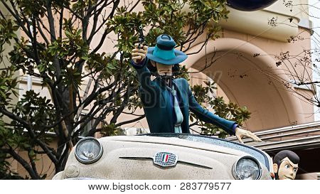 Osaka, Japan - Feb 11 2019 : Lupin The 3rd Car Chase Xr Ride At The Entrance Of Lupin And  Jigen Fig