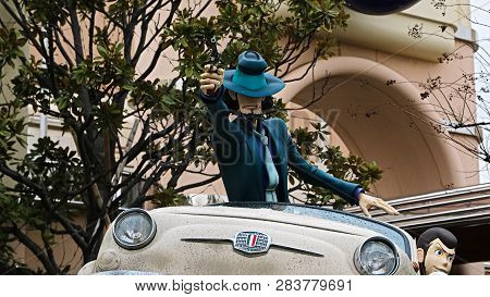 Osaka, Japan - Feb 11 2019 : Lupin The 3rd Car Chase Xr Ride At The Entrance Of Lupin And  Jigen Fig