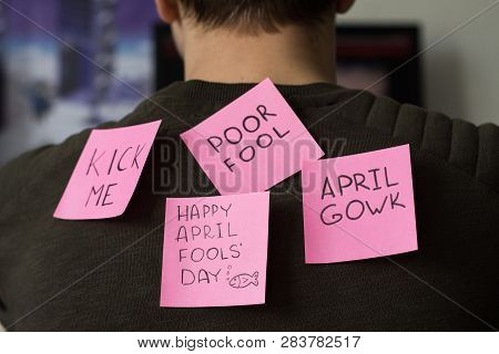 1 April Fools Day. Funny Day. April Fish. Prank. Inscriptions On The Back. Stickers With Jokes. Tric