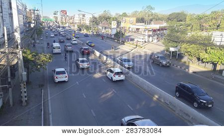 Chiang Mai, Thailand - February 7, 2019 : Vehicles Traffic During The Morning Rush Hour At Mahidol R