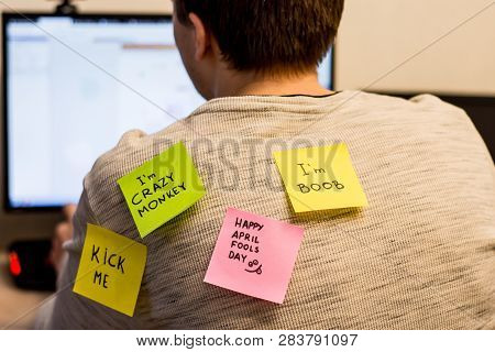 1 April Fools Day. Funny Day. April Fish. Prank. Inscriptions On The Back. Stickers With Jokes. Tric