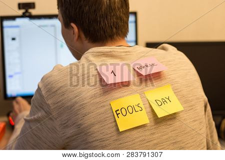 1 April Fools Day. Funny Day. April Fish. Prank. Inscriptions On The Back. Stickers With Jokes. Tric