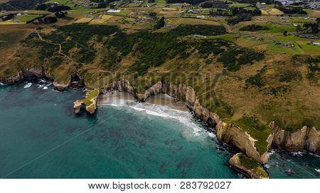 Aerial Photography Of Tunnel Beach In New Zealand, Dunedin, New Zealand Tunnel Beach, Dunedin, South