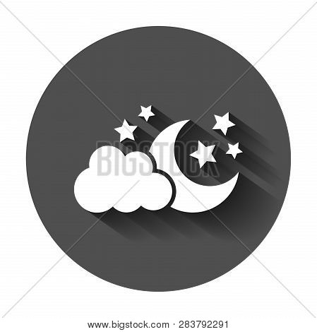 Moon And Stars With Clods Vector Icon In Flat Style. Nighttime Illustration With Long Shadow. Cloud,