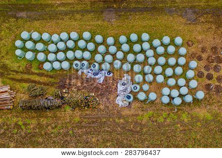 Bale Silage On Meadov, Aerial View, Gren Bales With Fodder For Livestock