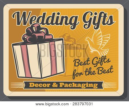Presents, Wedding Gifts, Marriage Ceremony Or Anniversary Decor And Packaging. Vector Box With Ribbo