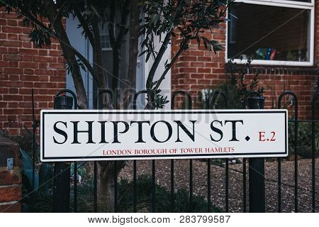 Metal Shipton Street Street Name Sign Against A Building In London, Uk.