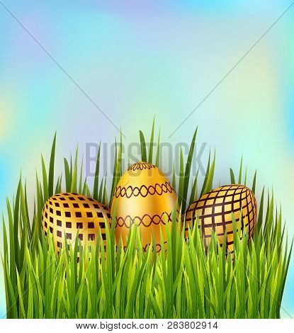 Easter Decorated Golden Eggs On Sky Background With Grass. Banner, Poster Decoration Elements. Vacto