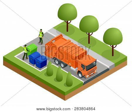 Isometric Garbage Truck Or Recycle Truck In City. Garbage Recycling And Utilization Equipment. City 