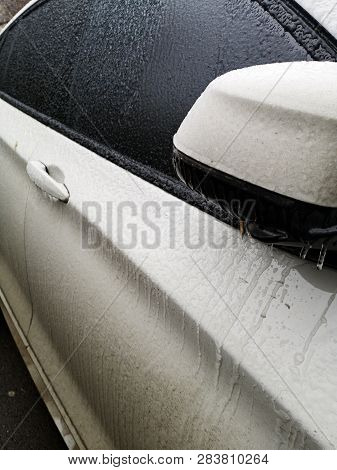Freezing Rain On A Car - Photo Taken In Bucharest After The Freezing Rain In February 2019