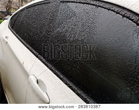 Freezing Rain On A Car - Photo Taken In Bucharest After The Freezing Rain In February 2019