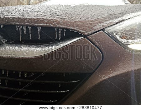 Freezing Rain On A Car - Photo Taken In Bucharest After The Freezing Rain In February 2019